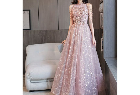 Halter-Neck Sequined Chained Star Print A-Line Mesh Evening Gown