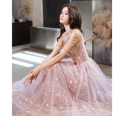 Halter-Neck Sequined Chained Star Print A-Line Mesh Evening Gown