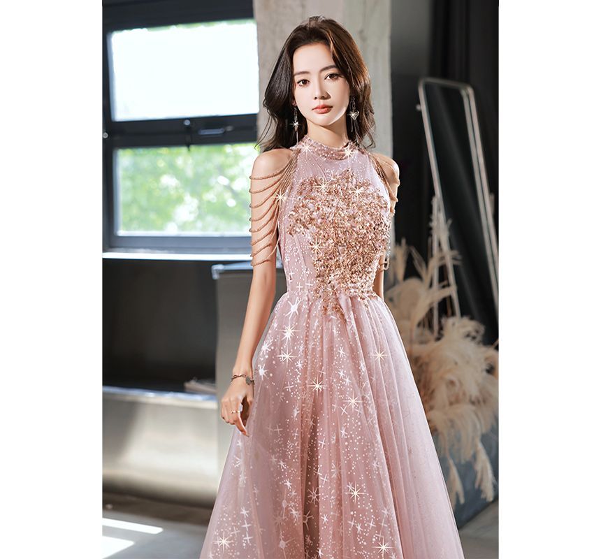 Halter-Neck Chained Star Evening Print A-Line Gown Sequined Mesh