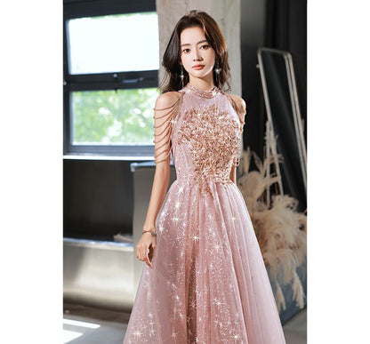 Halter-Neck Chained Star Evening Print A-Line Gown Sequined Mesh