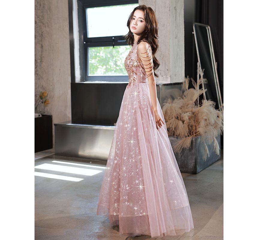 Halter-Neck Chained Star Evening Print A-Line Gown Sequined Mesh