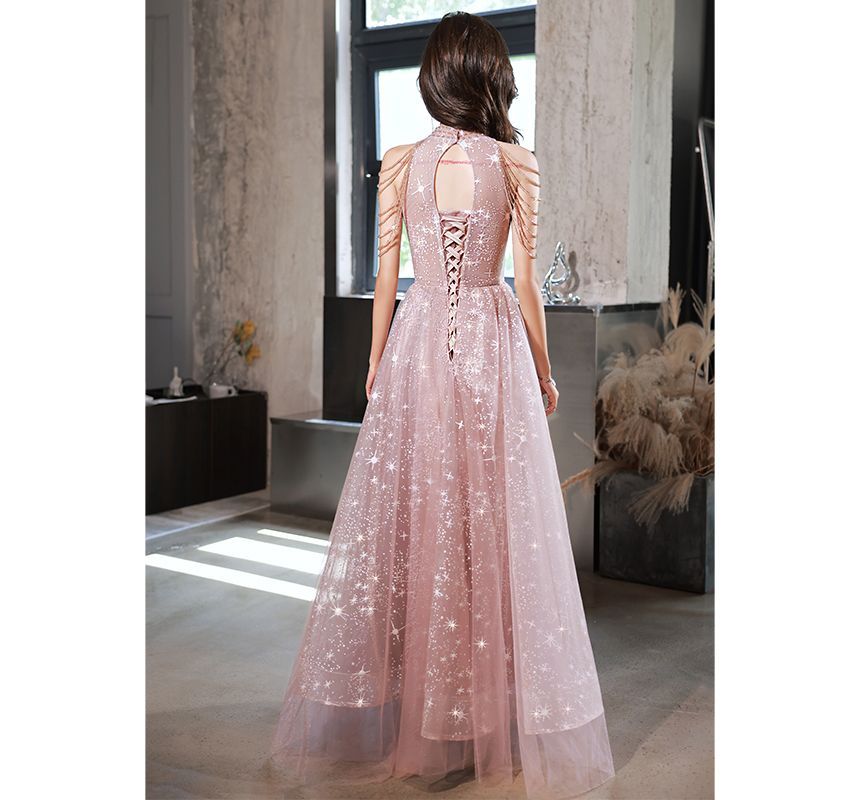 Halter-Neck Sequined Chained Star Print A-Line Mesh Evening Gown