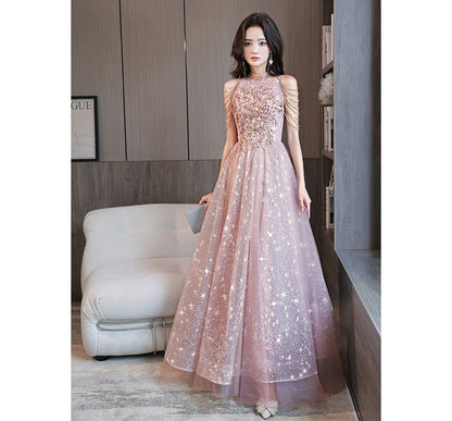 Halter-Neck Chained Star Evening Print A-Line Gown Sequined Mesh