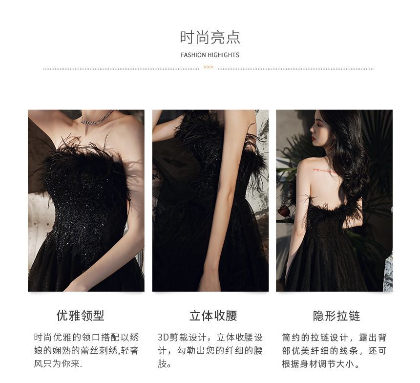 Fluffy Trim A-Line Evening Gown Sequined Strapless