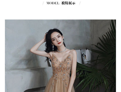Spaghetti Evening Sequined Gown A-Line Strap Floral
