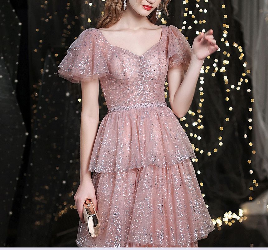 Evening Sequined Sweetheart-Neckline Short-Sleeve A-Line Layered Gown