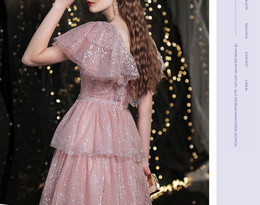 Evening Sequined Sweetheart-Neckline Short-Sleeve A-Line Layered Gown