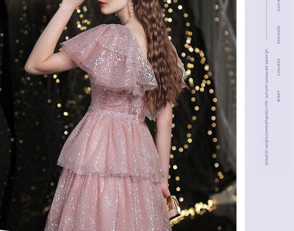Evening Sequined Sweetheart-Neckline Short-Sleeve A-Line Layered Gown