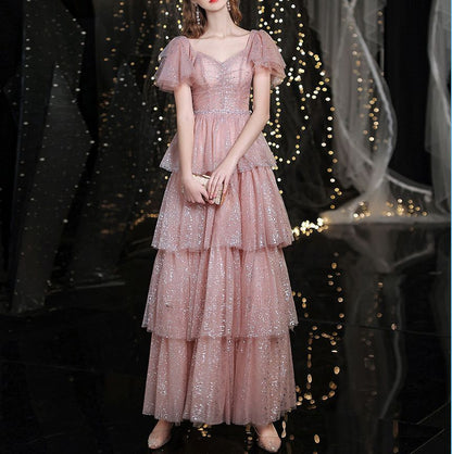 Evening Sequined Sweetheart-Neckline Short-Sleeve A-Line Layered Gown