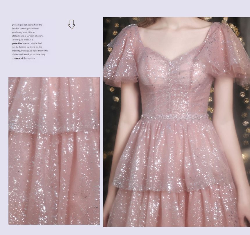 Evening Sequined Sweetheart-Neckline Short-Sleeve A-Line Layered Gown