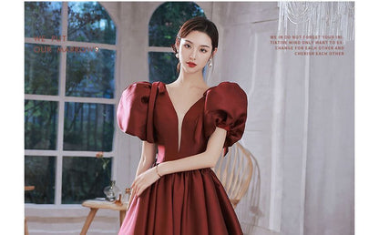 Gown Puff-Sleeve Mesh Panel Evening Plain A-Line