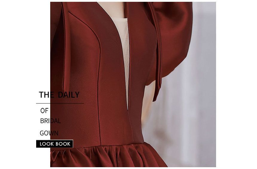 Gown Puff-Sleeve Mesh Panel Evening Plain A-Line