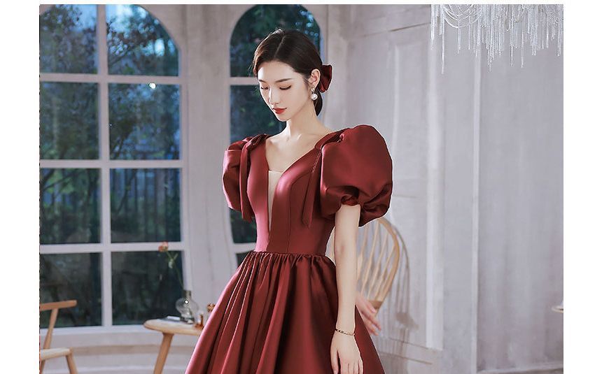 Gown Puff-Sleeve Mesh Panel Evening Plain A-Line