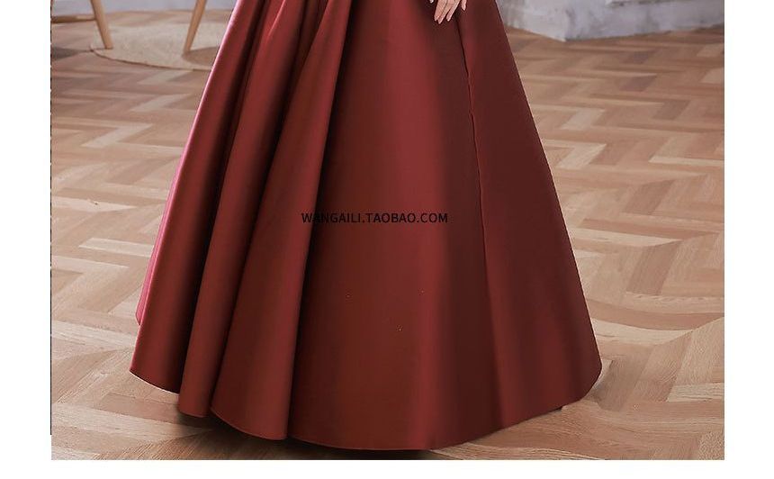 Puff-Sleeve Mesh Panel Plain A-Line Evening Gown