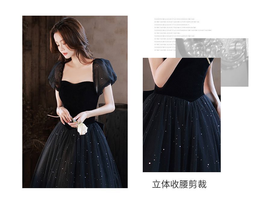 Puff-Sleeve Square-Neck Lace-Up Back A-Line Evening Gown (Various Designs)