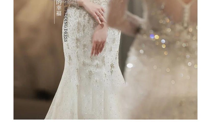 Long-Sleeve Open-Back Rhinestone Bodycon Wedding Gown