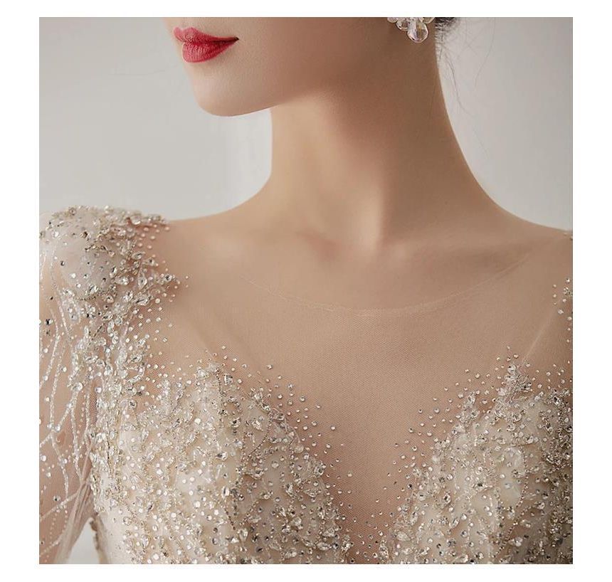 Long-Sleeve Open-Back Rhinestone Bodycon Wedding Gown