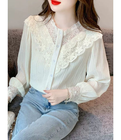 Chiffon Lace-Panel Button-Front Long-Sleeve Blouse