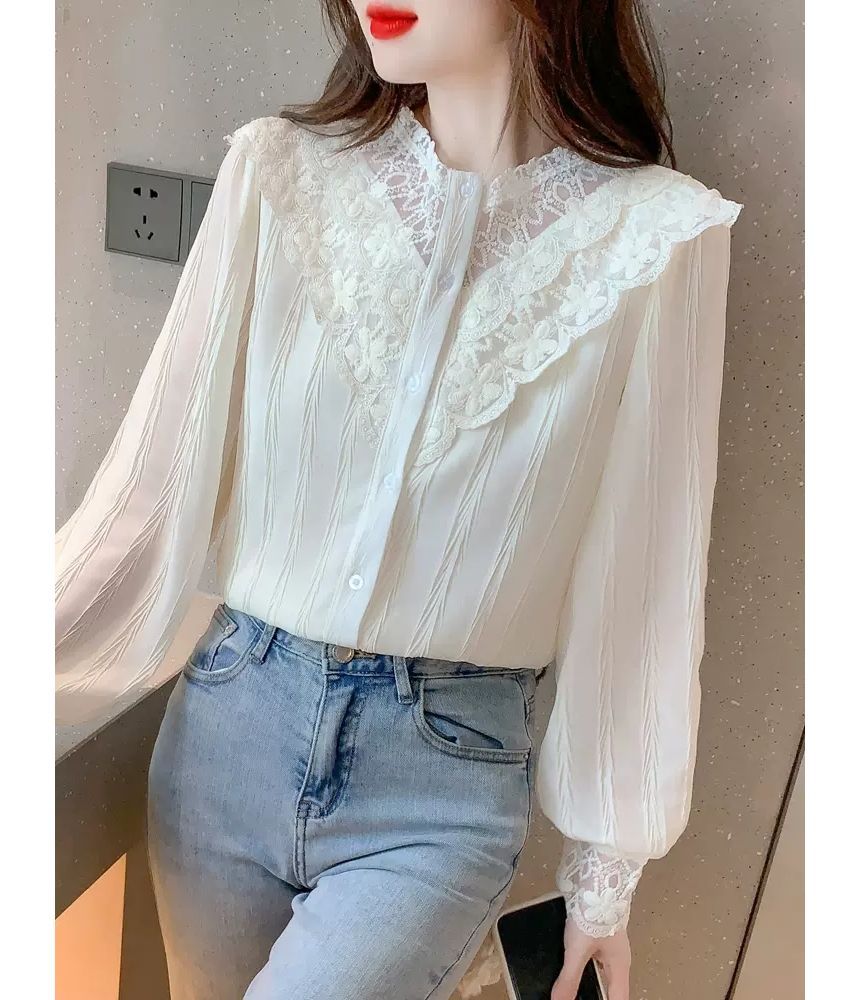 Chiffon Lace-Panel Button-Front Long-Sleeve Blouse