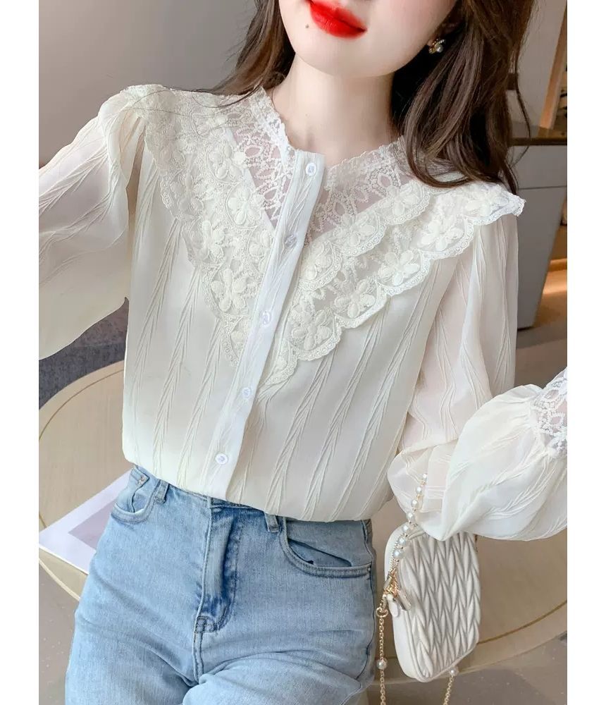 Chiffon Lace-Panel Button-Front Long-Sleeve Blouse