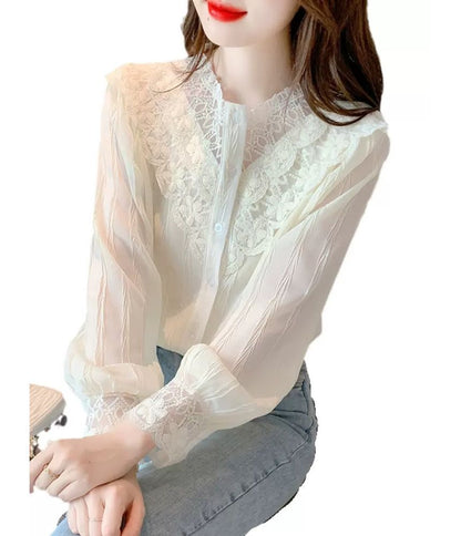 Chiffon Lace-Panel Button-Front Long-Sleeve Blouse