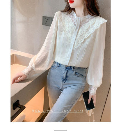 Chiffon Lace-Panel Button-Front Long-Sleeve Blouse