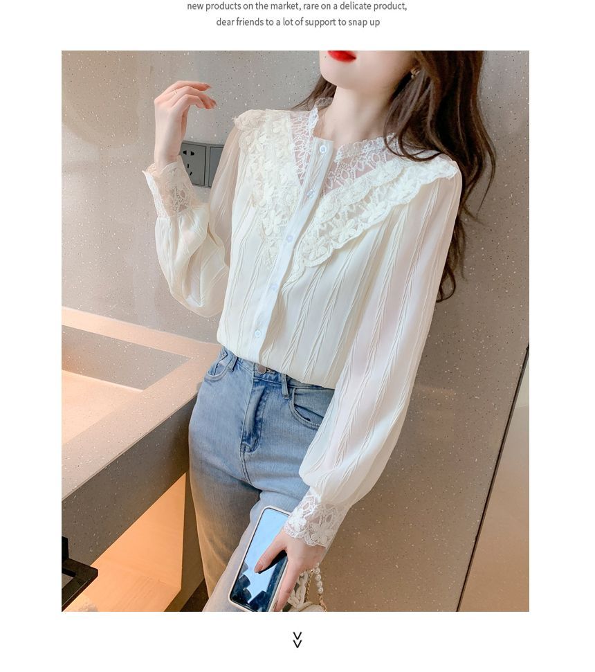 Chiffon Lace-Panel Button-Front Long-Sleeve Blouse