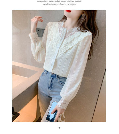 Chiffon Lace-Panel Button-Front Long-Sleeve Blouse