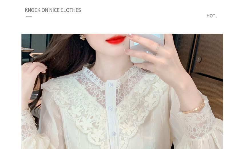 Chiffon Lace-Panel Button-Front Long-Sleeve Blouse
