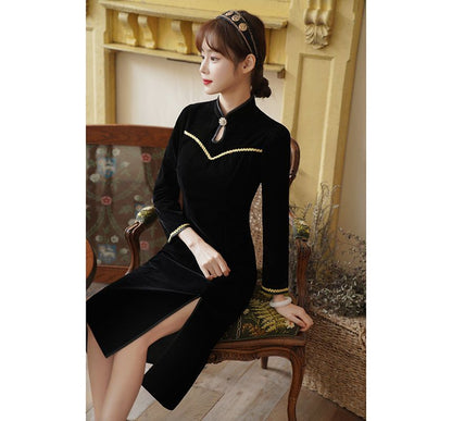 Long-Sleeve Rhinestone Velvet Slit Midi A-Line Qipao
