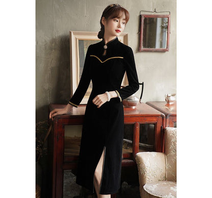 Long-Sleeve Rhinestone Velvet Slit Midi A-Line Qipao