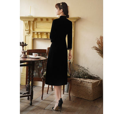 Long-Sleeve Rhinestone Velvet Slit Midi A-Line Qipao