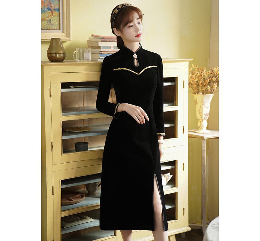 Long-Sleeve Rhinestone Velvet Slit Midi A-Line Qipao