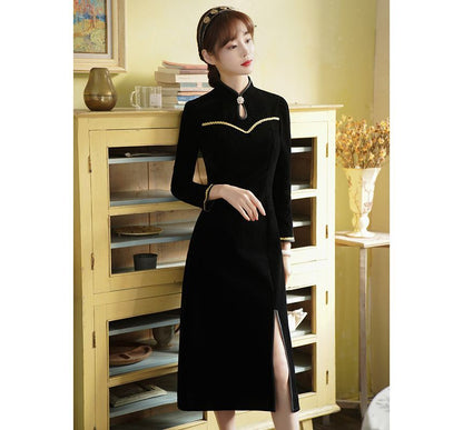 Long-Sleeve Rhinestone Velvet Slit Midi A-Line Qipao