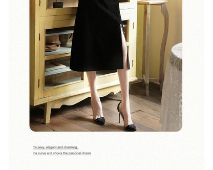 Long-Sleeve Rhinestone Velvet Slit Midi A-Line Qipao