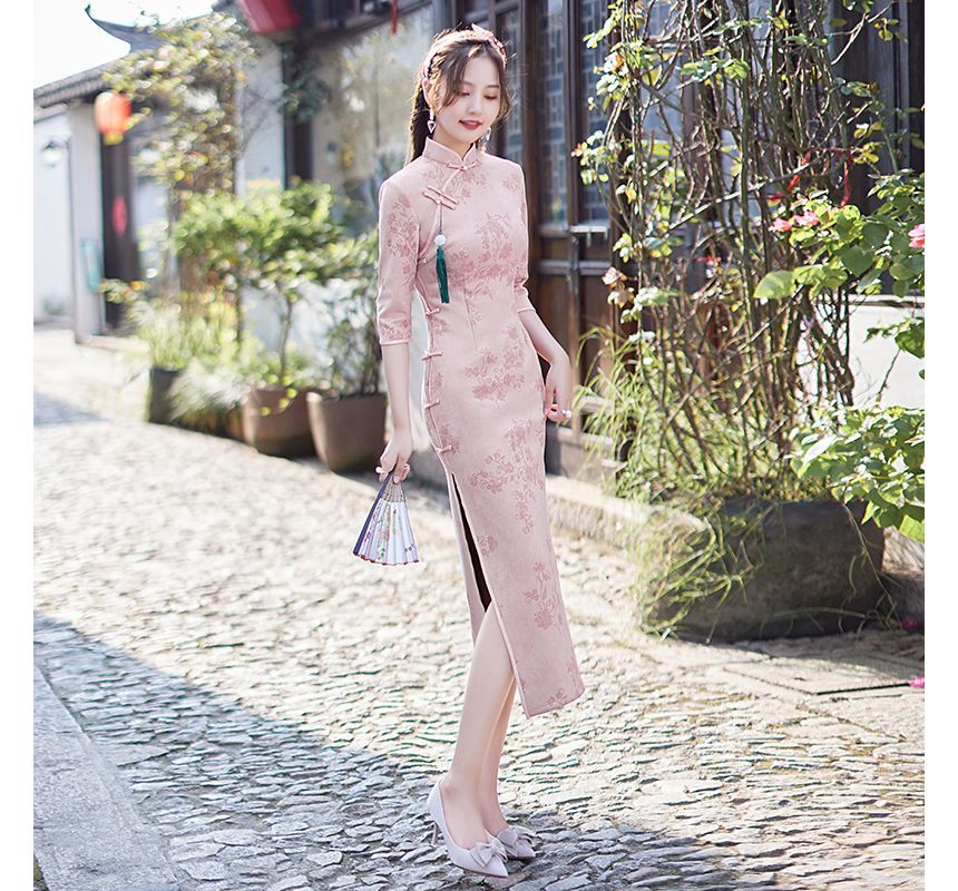 3/4-Sleeve Floral Slit Midi Qipao