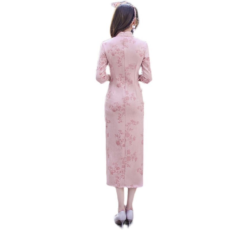 3/4-Sleeve Floral Slit Midi Qipao