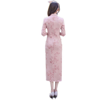 3/4-Sleeve Floral Slit Midi Qipao