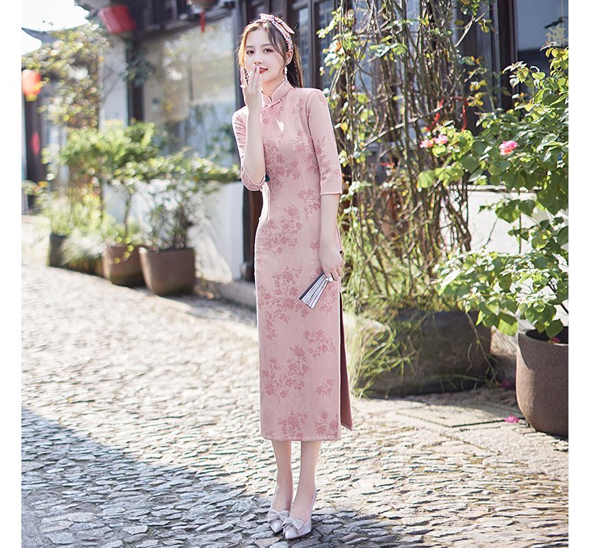 3/4-Sleeve Floral Slit Midi Qipao