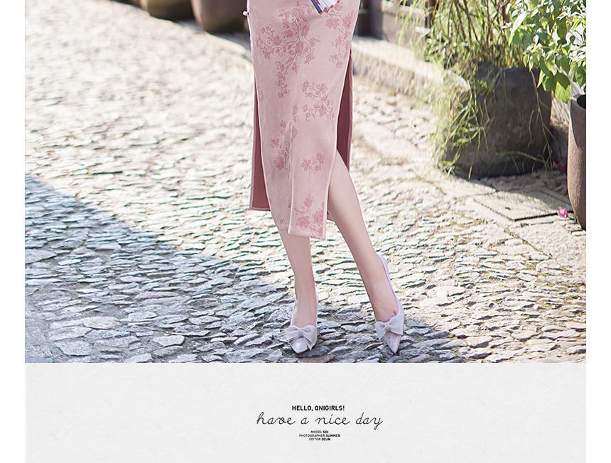 3/4-Sleeve Floral Slit Midi Qipao