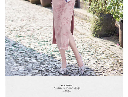 3/4-Sleeve Floral Slit Midi Qipao