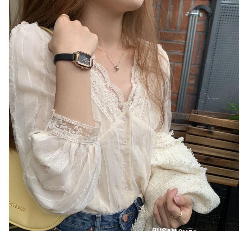 Lace-Trim V-Neck Blouse