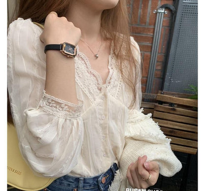 Lace-Trim V-Neck Blouse
