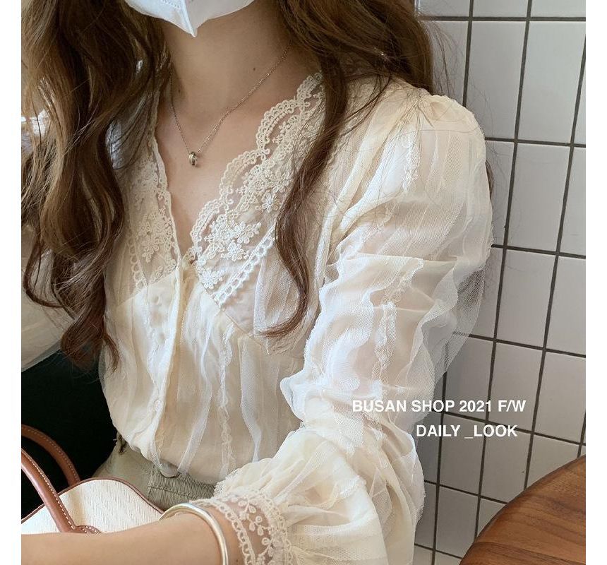 Lace-Trim V-Neck Blouse