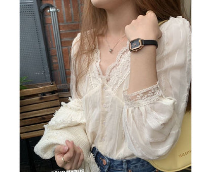 Lace-Trim V-Neck Blouse