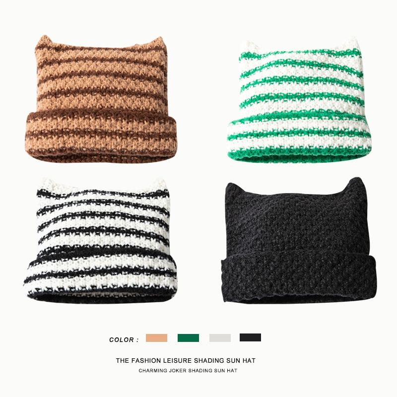 Cat Ear Striped Knit Beanie