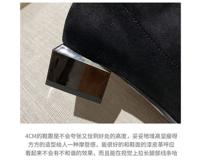 Square-Toe Quilted Panel Block Heel Knee-High Boots