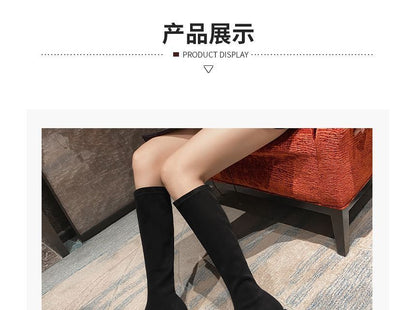 Square-Toe Quilted Panel Block Heel Knee-High Boots