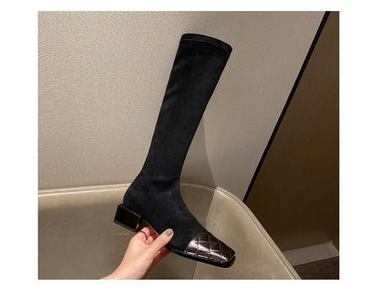 Square-Toe Quilted Panel Block Heel Knee-High Boots