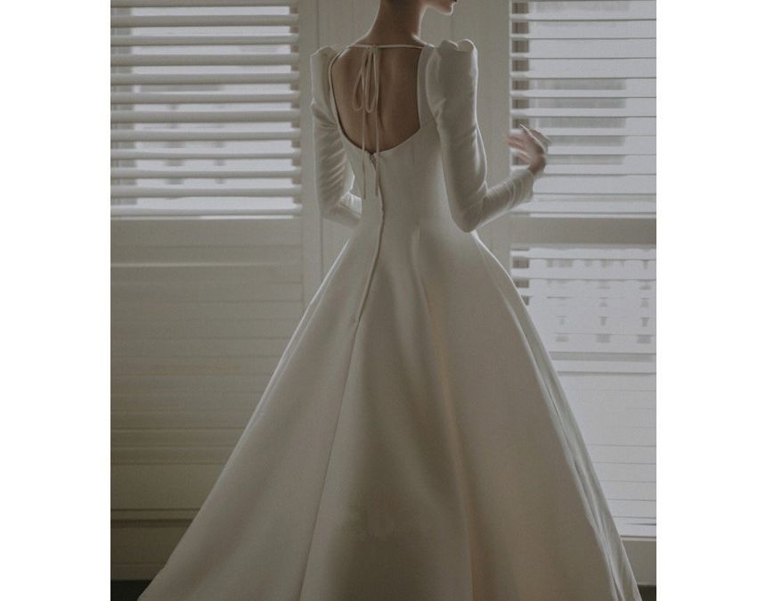 Plain Square-Neck Puff-Sleeve Gown A-Line Wedding